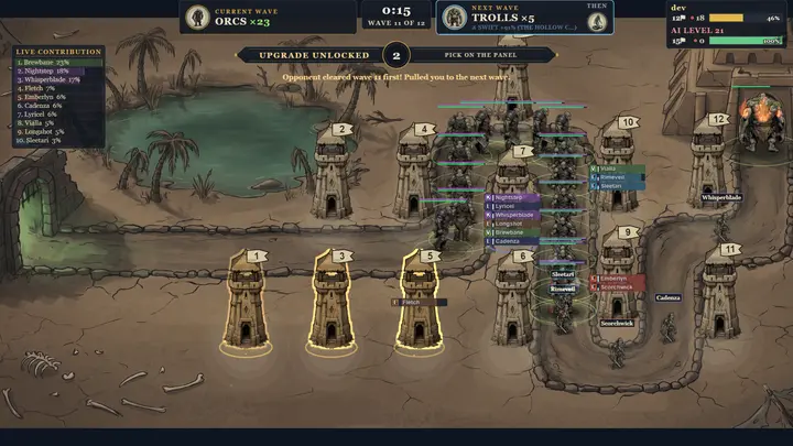 An orc wave pushing through the Withered Oasis while ten players defend from towers